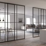 glass room divider with a door